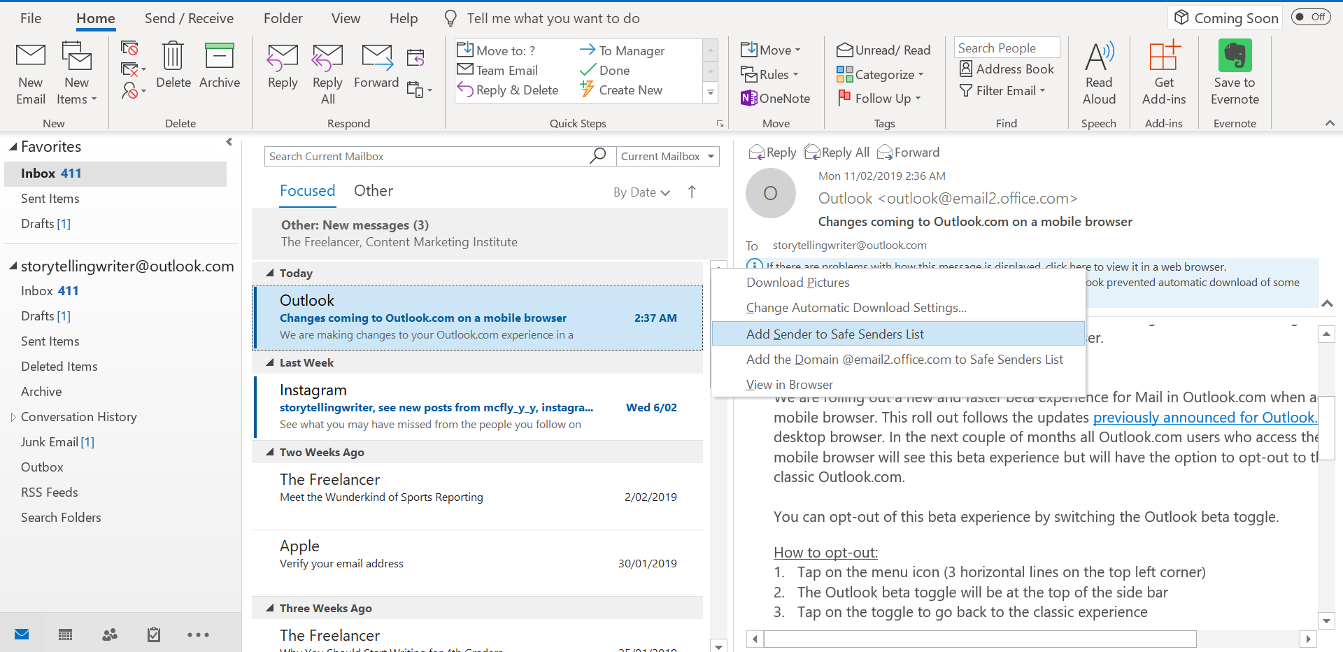 whitelisting a sender in Outlook