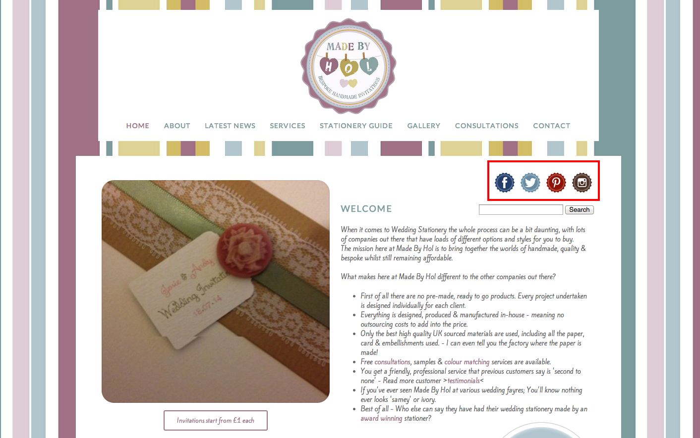 Social Media presence on homepage.